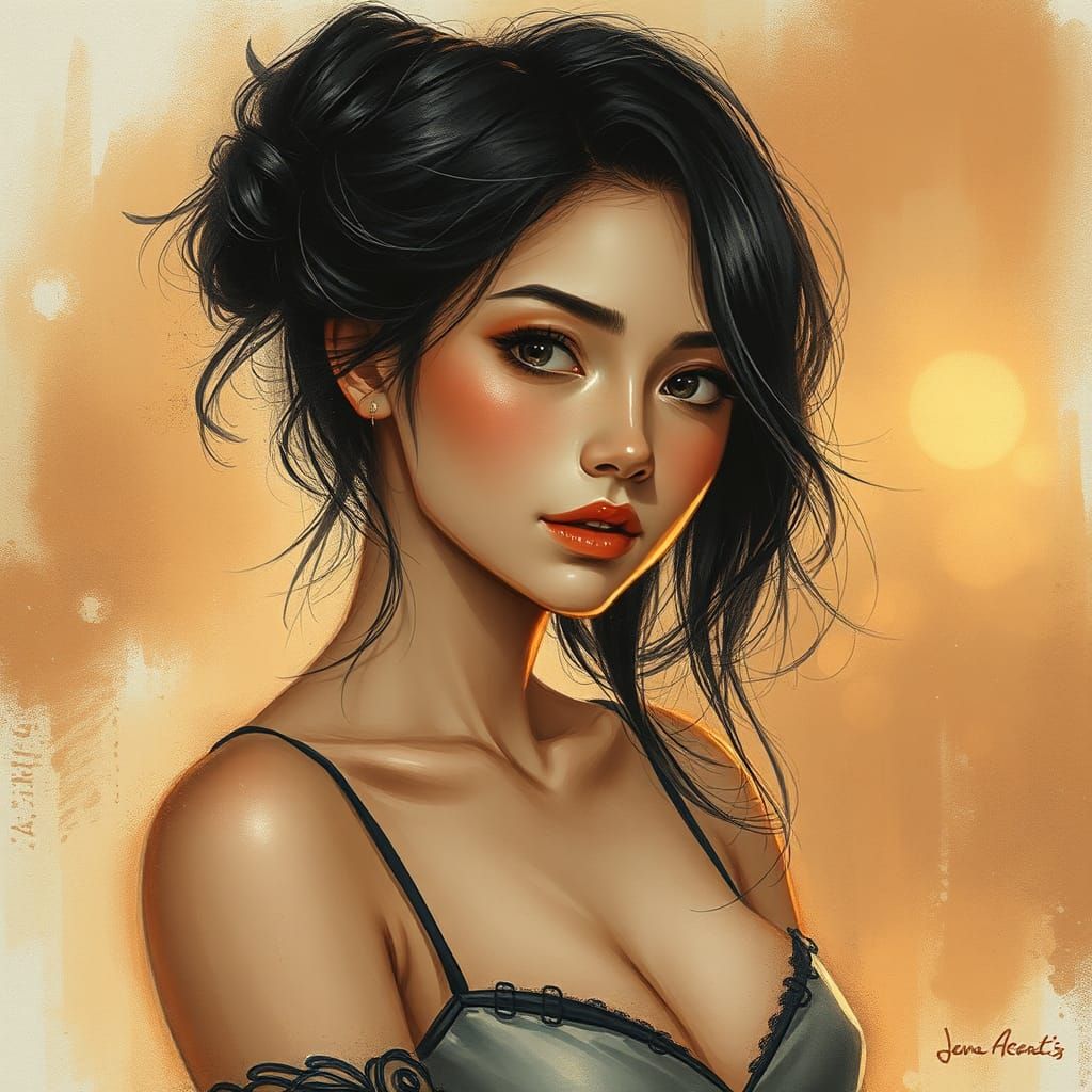 Elegant Woman in Retrowave Charcoal Drawing