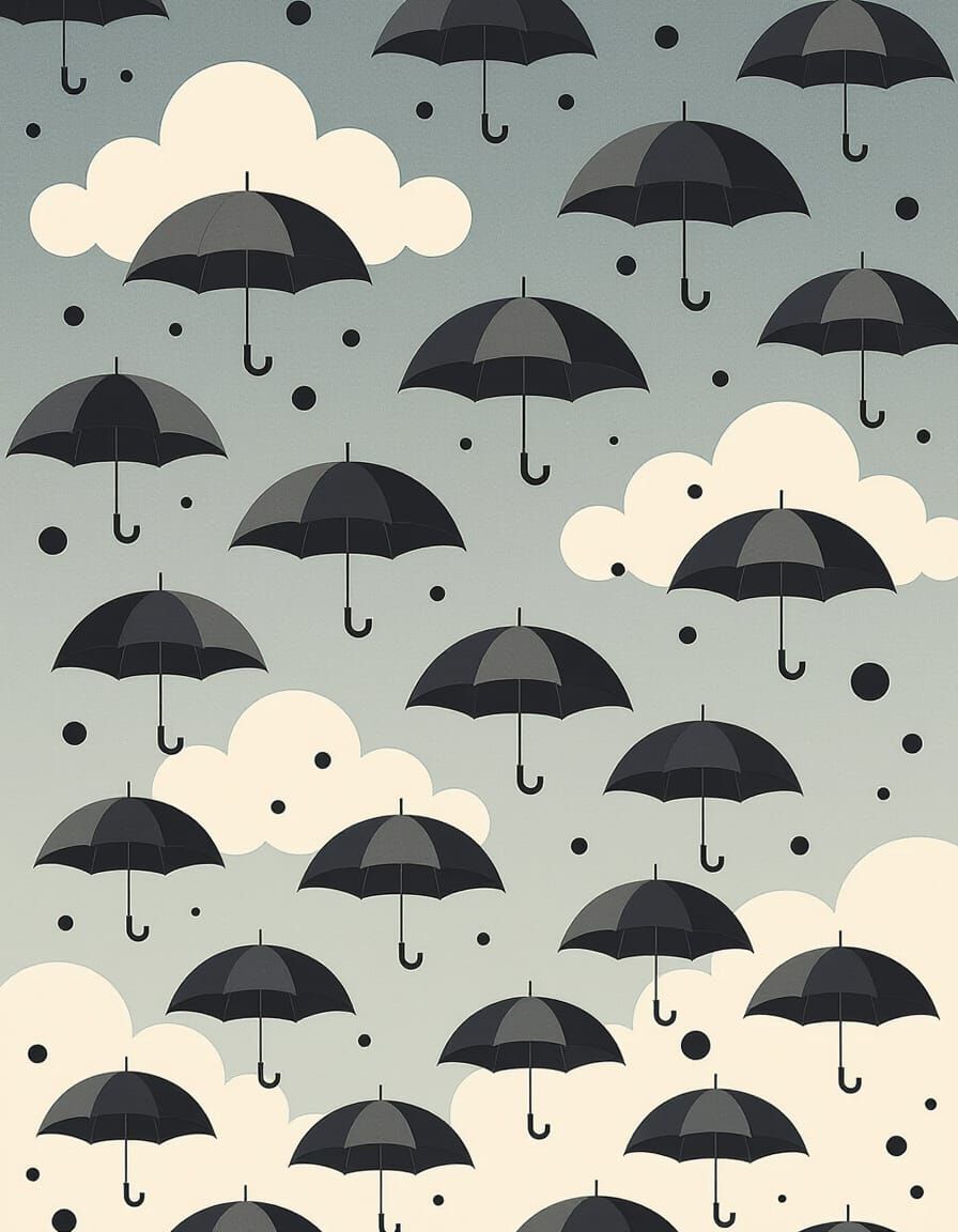 Surreal Sky with Falling Umbrellas in Gouache Style