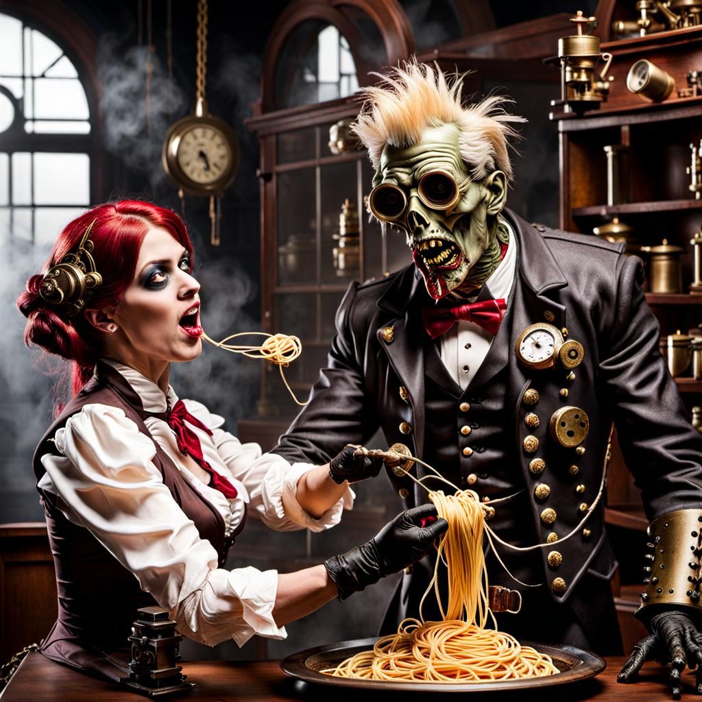 Steampunk Zombie Bank Teller's Spaghetti Mishap
