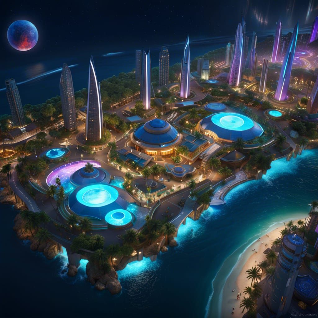 Futuristic Garden City Concept Art Under Stars