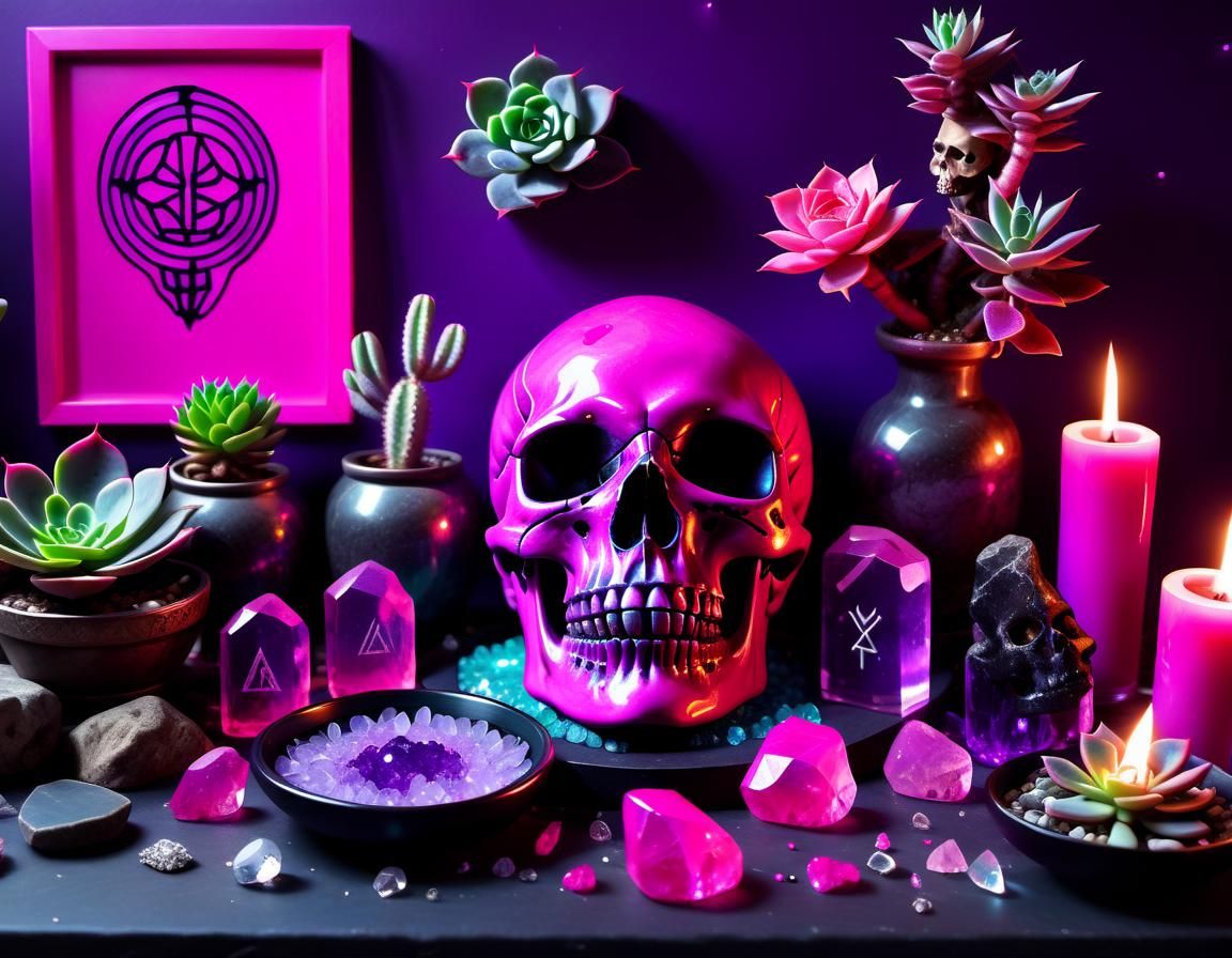 Goddess Altar with Neon Skull and Crystals