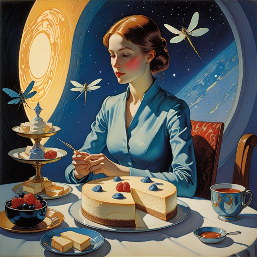 Beatrice Blue Enjoying Cheesecake, Delicate Glowing Calm; Sp...