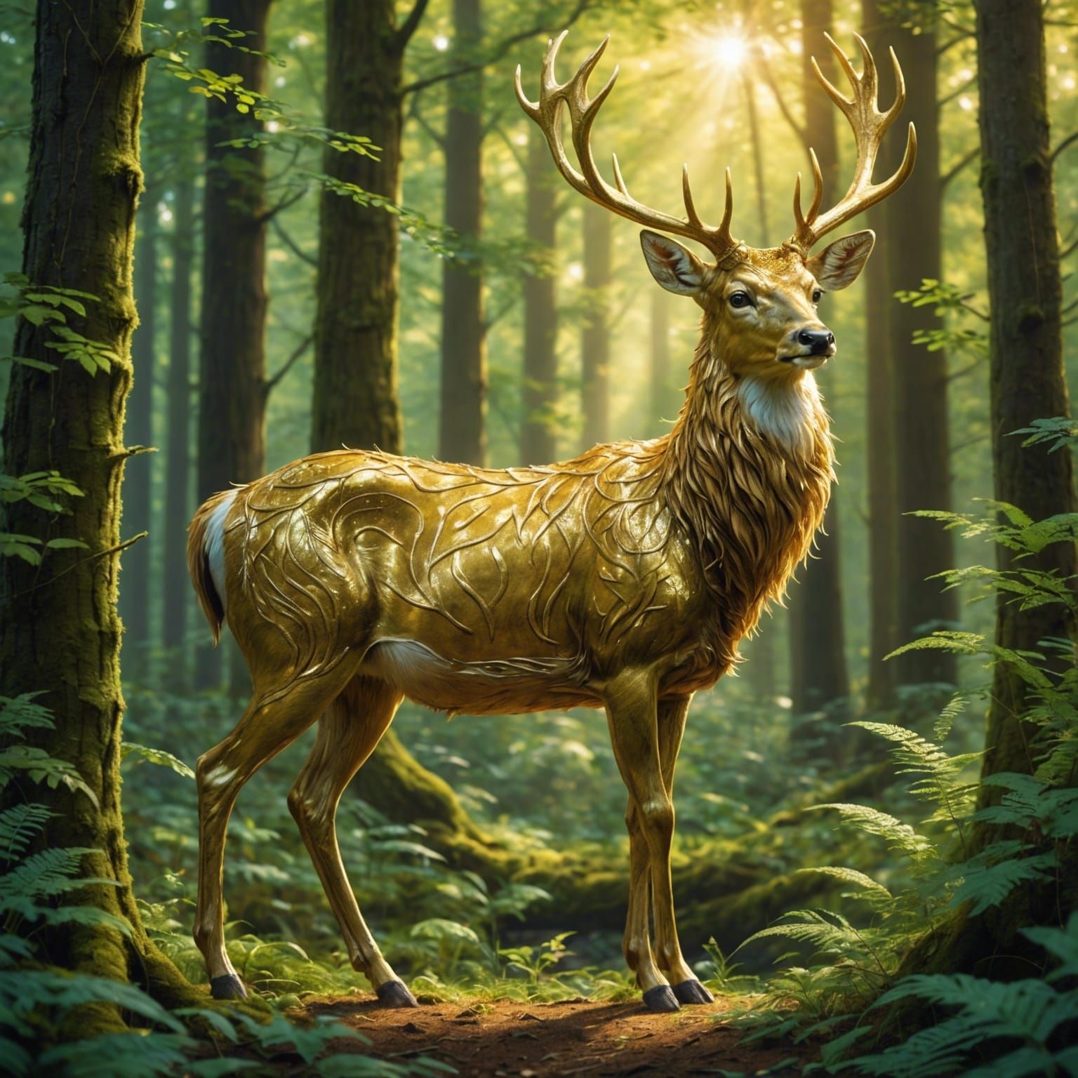 Golden Deer in Lush Forest