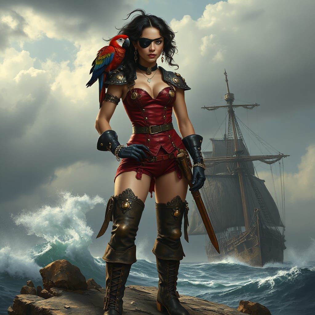 Gothic Steampunk Pirate Girl Stands Defiantly on Storm-Lashe...