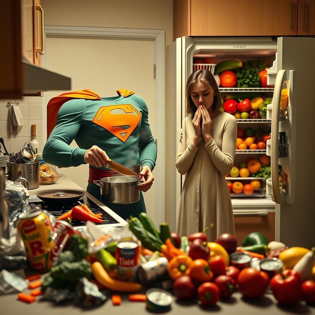 Superhero Chef Juggles Veggies in Kitchen