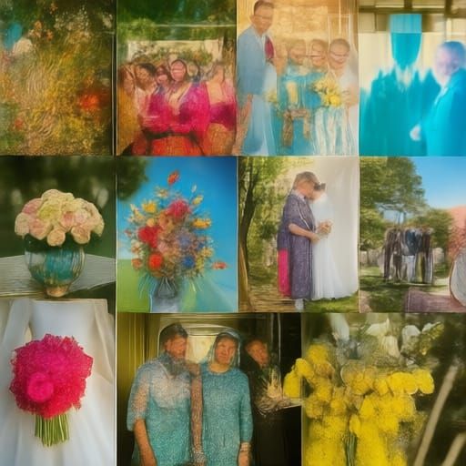 Full colour collage. People celebrating a wedding