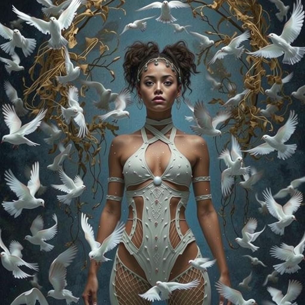 Woman in White Bodysuit with Birds in Flight