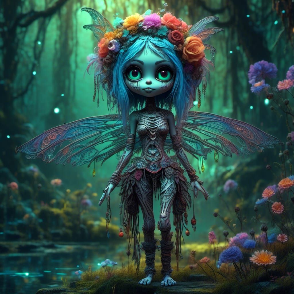 Chibi Pixie Skeleton in Bioluminescent Fairy Forest