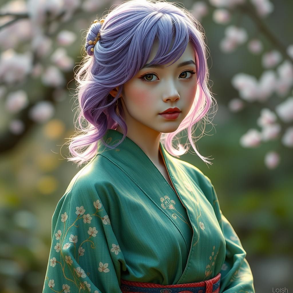 Girl in Kimono with Purple Hair, Impressionist Style