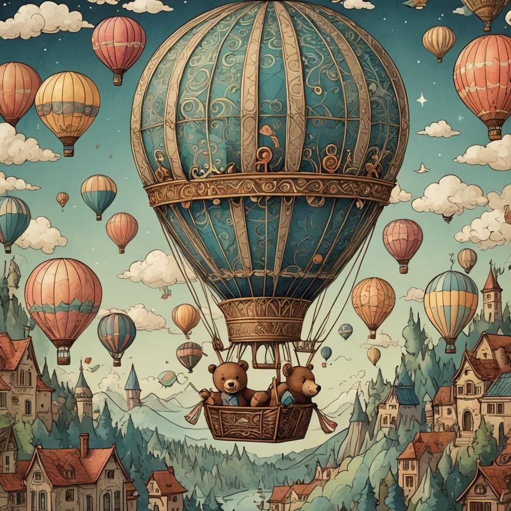 Cartoon Bear in Hot Air Balloon, Baroque Constructivist Styl...