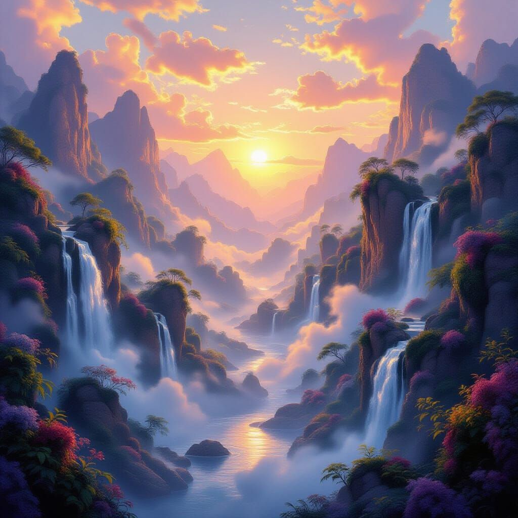 Ethereal Fantasy Landscape at Golden Hour