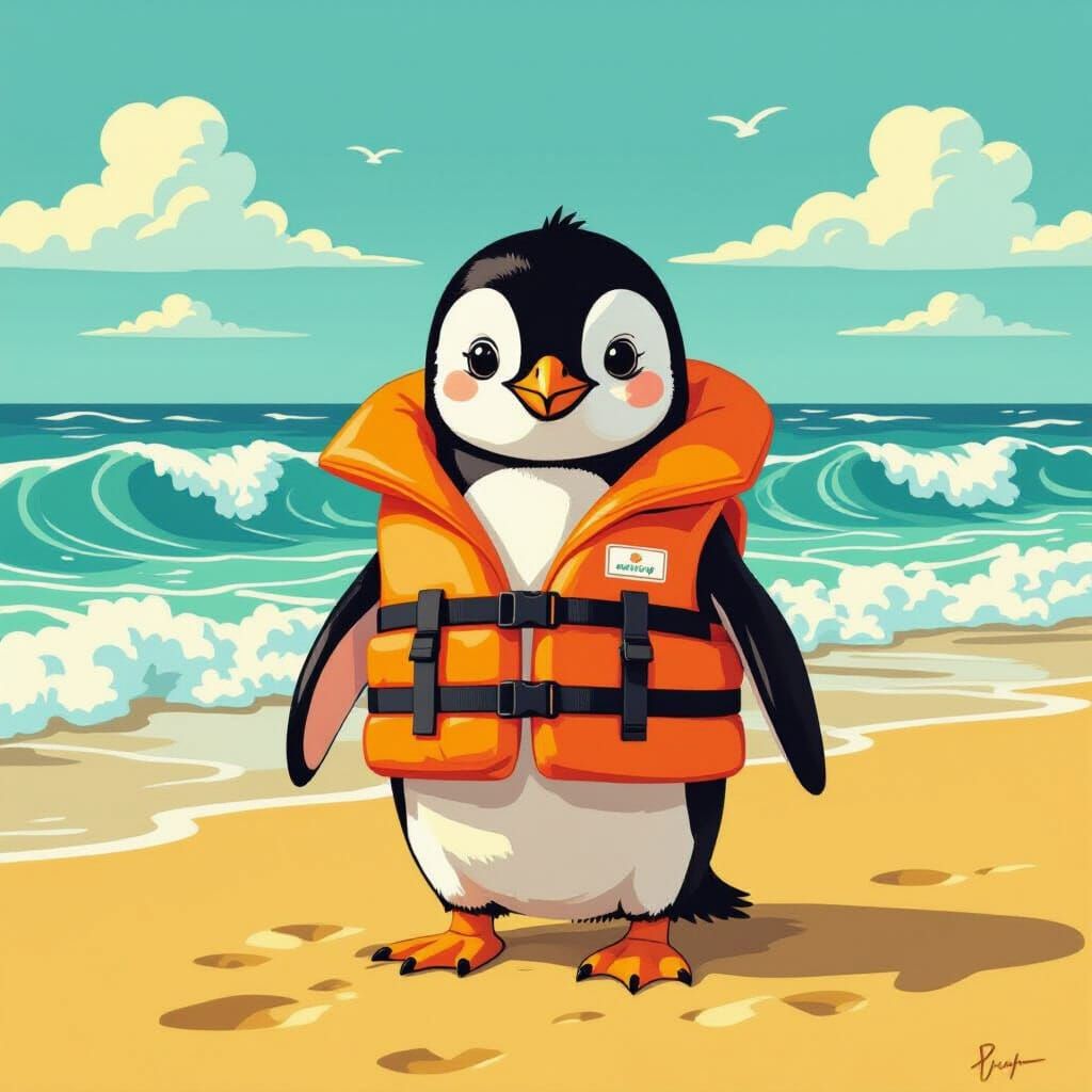 Penguin on Golden Beach in Whimsical Style