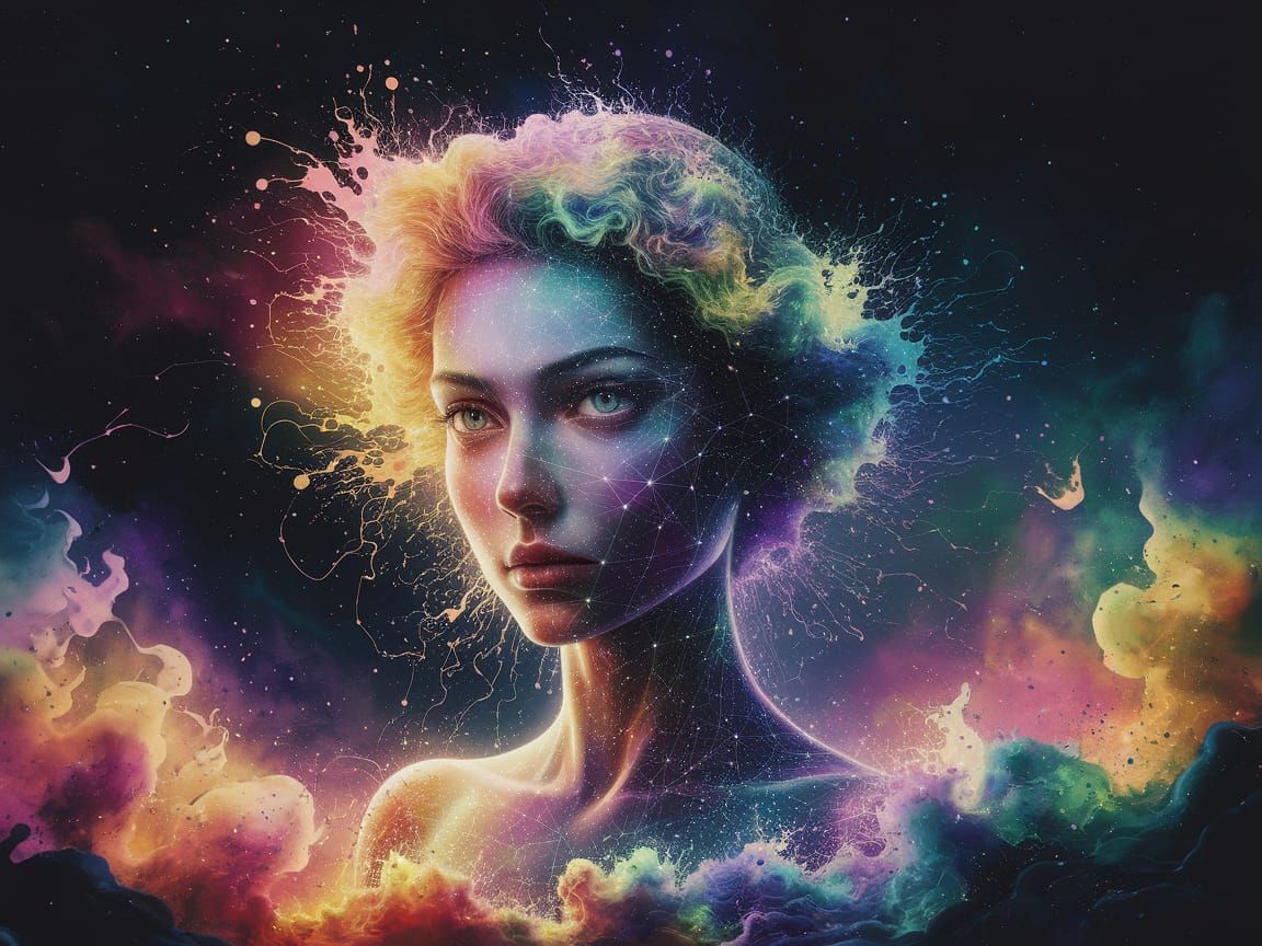 Surreal Cosmic Portrait in Vibrant Watercolour Ink Constella...