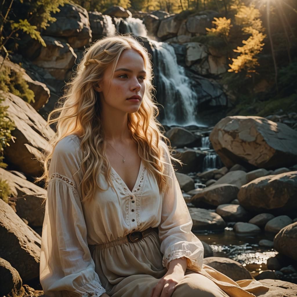 Nude Blonde Woman Under Waterfall in Cinematic Style