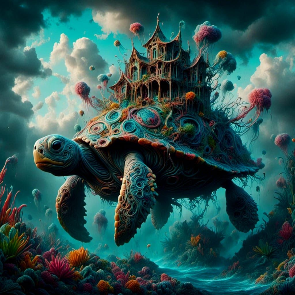 Atlantis on Giant Turtle in Bioluminescent Sea