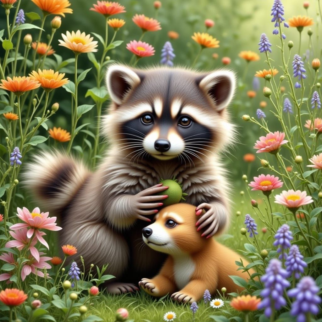 Whimsical Raccoon Friends in a Vibrant Garden Scene