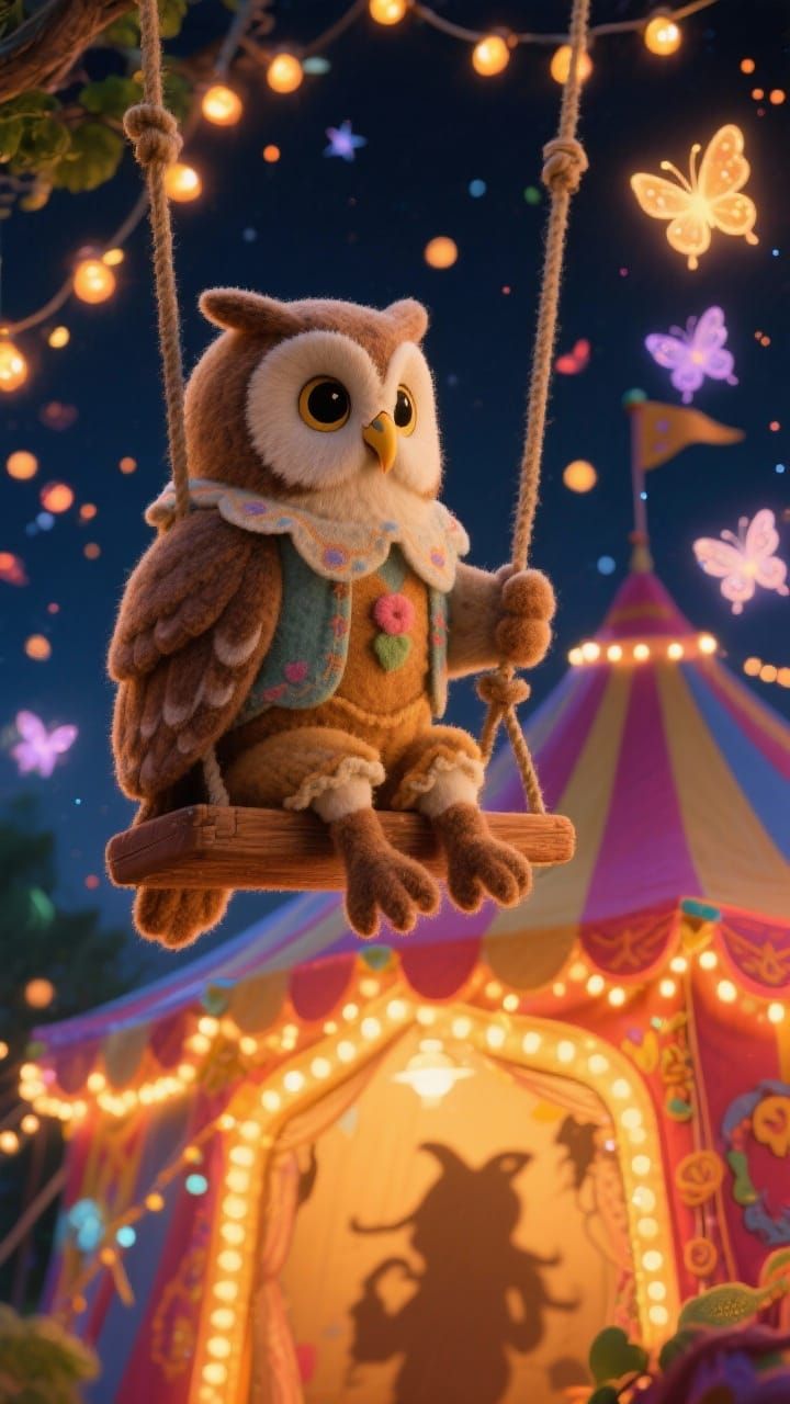 Felt Owl in Whimsical Clothes at Magical Funfair