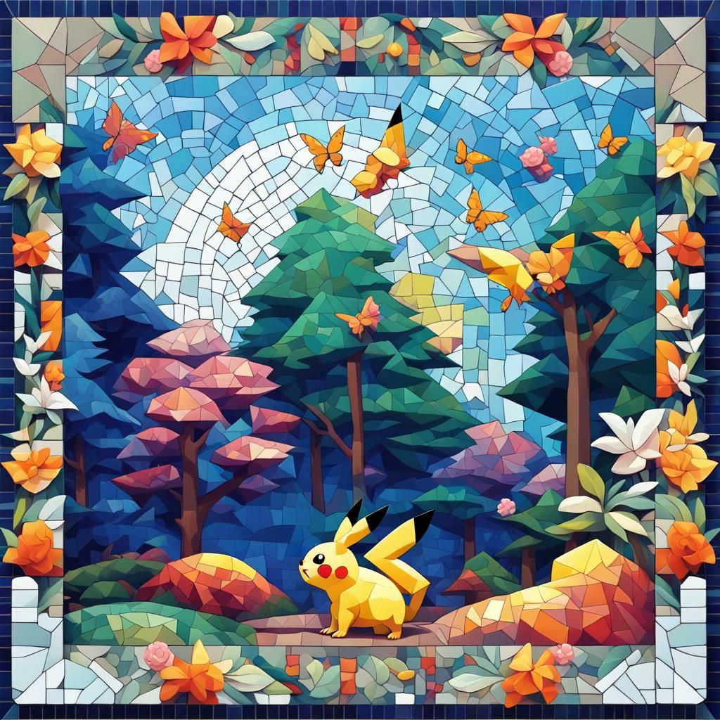 Vibrant Mosaic Pikachu in Cubist Forest Scene