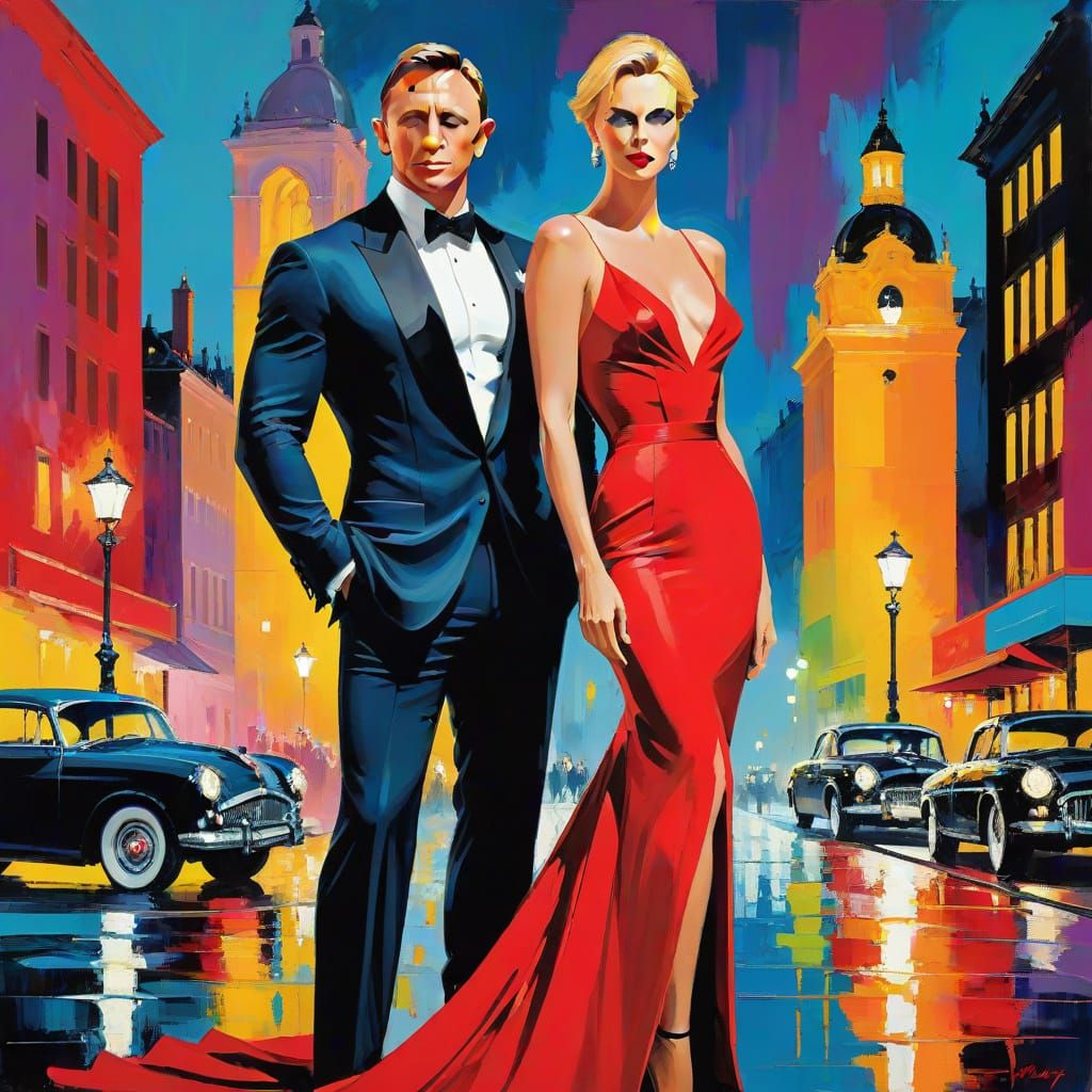 Expressionist Couple in Red Gown and Tuxedo