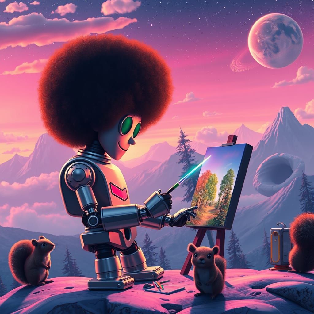 Bob Ross Robot Paints on Exoplanet in Retro-Futuristic Style