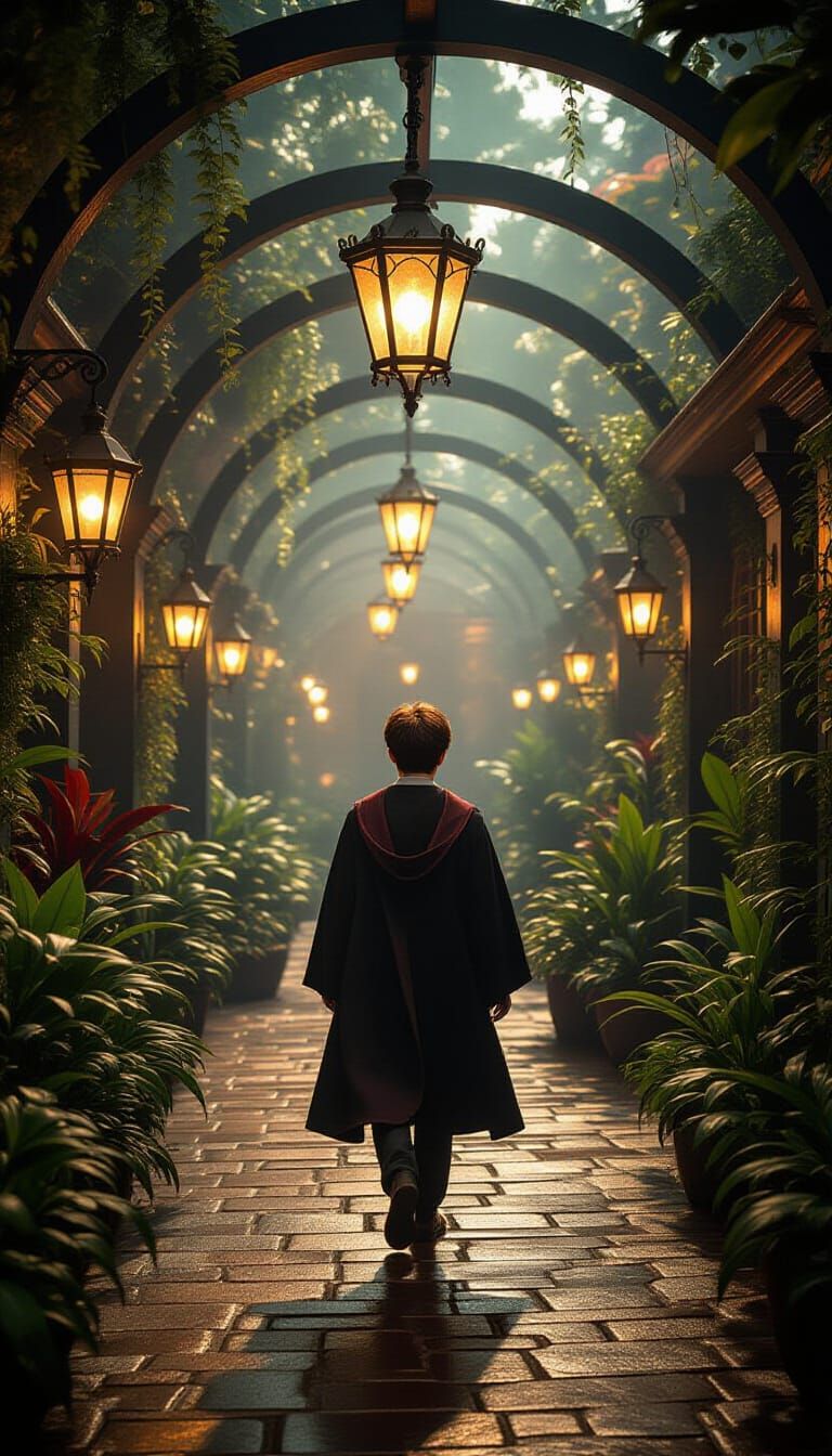 Harry Potter on Lanterned Path in Digital Art Style
