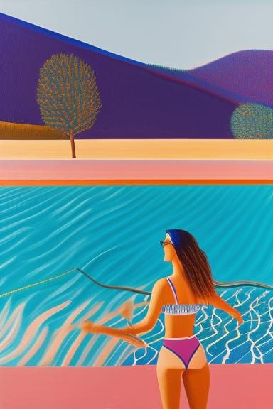 "Girl in swimwear" - in the style of david hockney