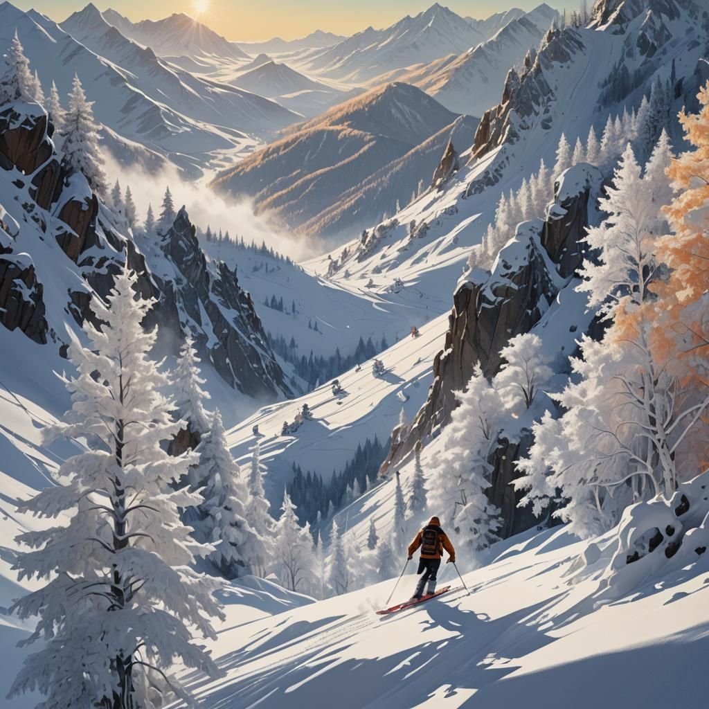 Skier Descends Mountain in High Fantasy Style