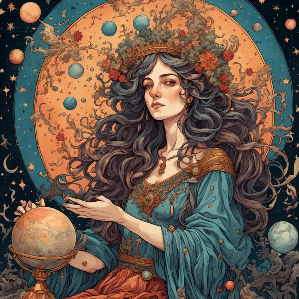 Detailed Illustration of a Colorful Vintage Astrologer