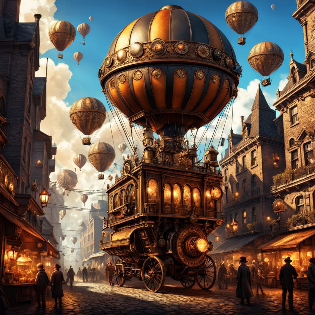 Steampunk City Marketplace with Clockwork and Hot Air Balloo...