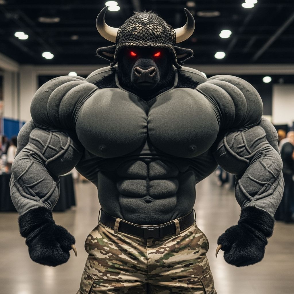 Muscular Bull Fursuit Bodybuilder in Army Uniform