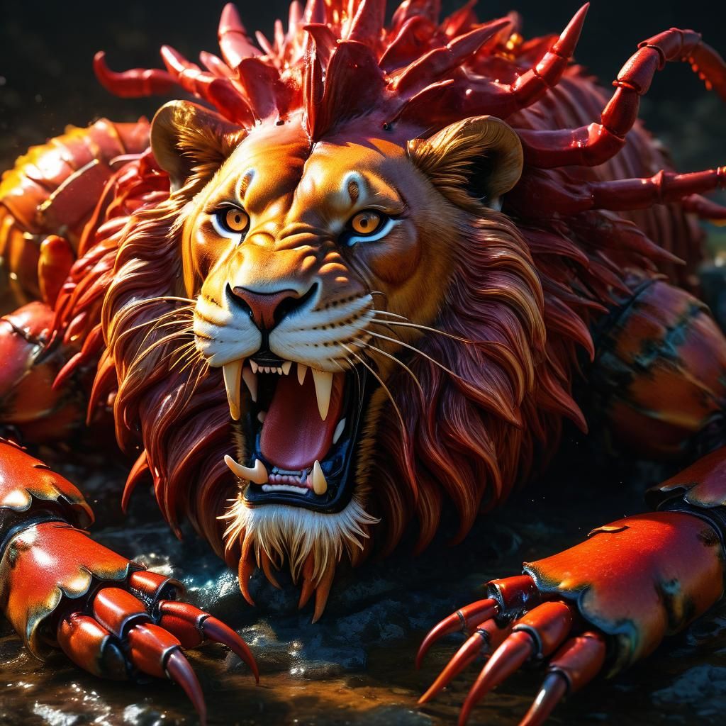Red Lion Lobster Hybrid in Hyperrealistic Splash Art