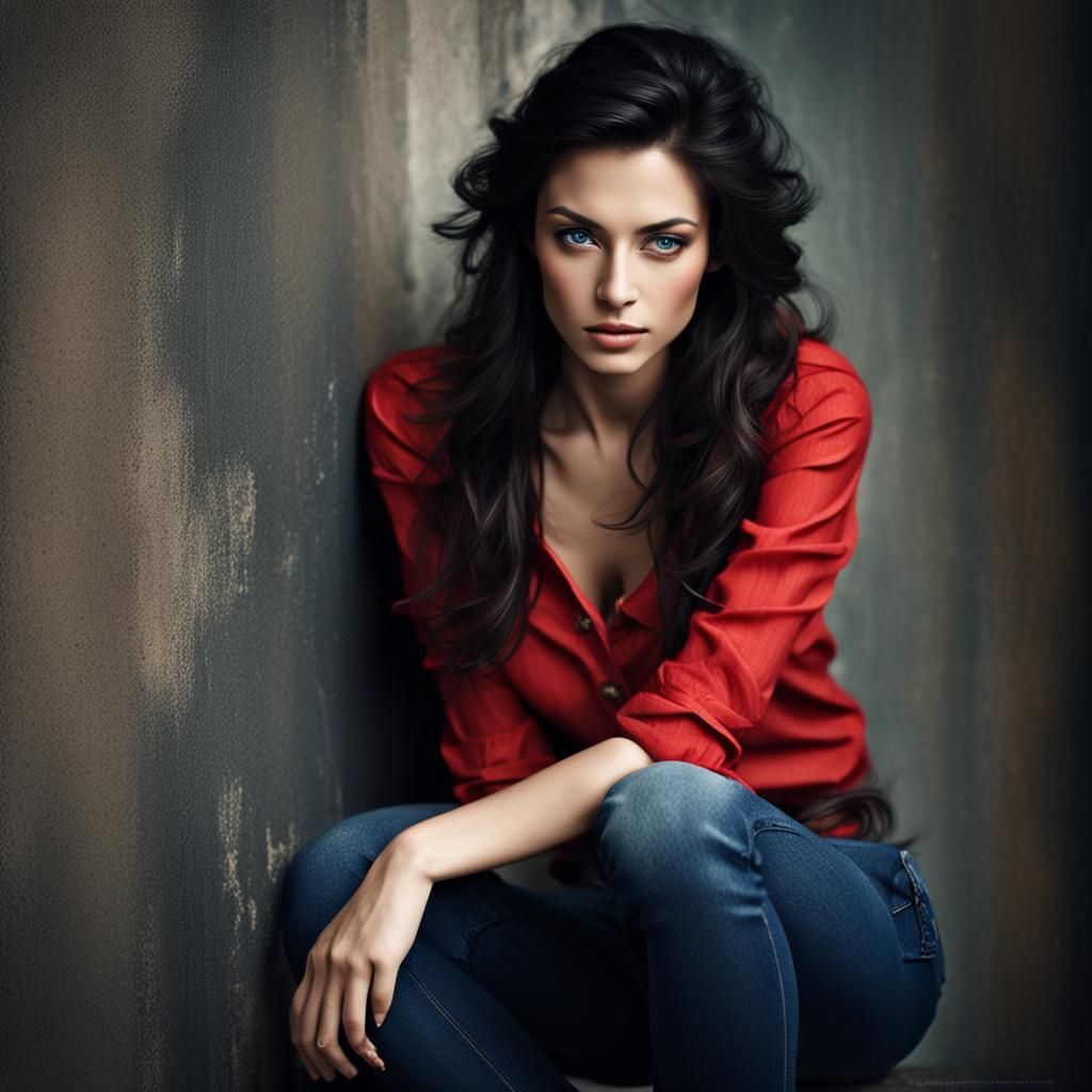 Striking Portrait of Woman Adjusting Jeans