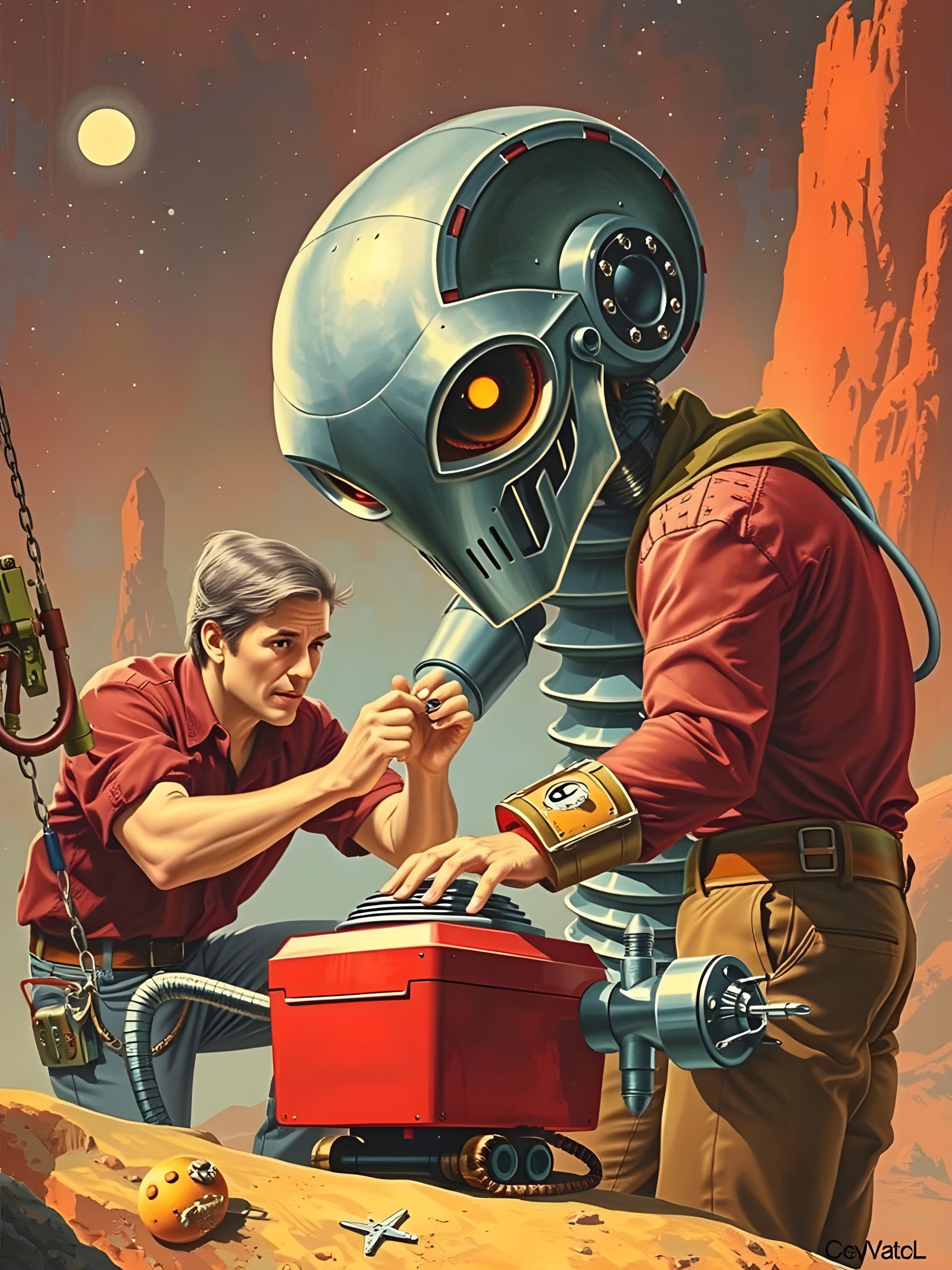 Vintage Sci-Fi Robot Illustration in Retrofuturism Style