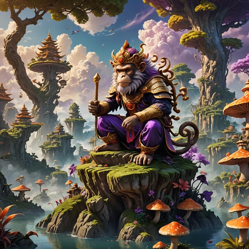 Monkey King in Dreamlike Fantasy Landscape