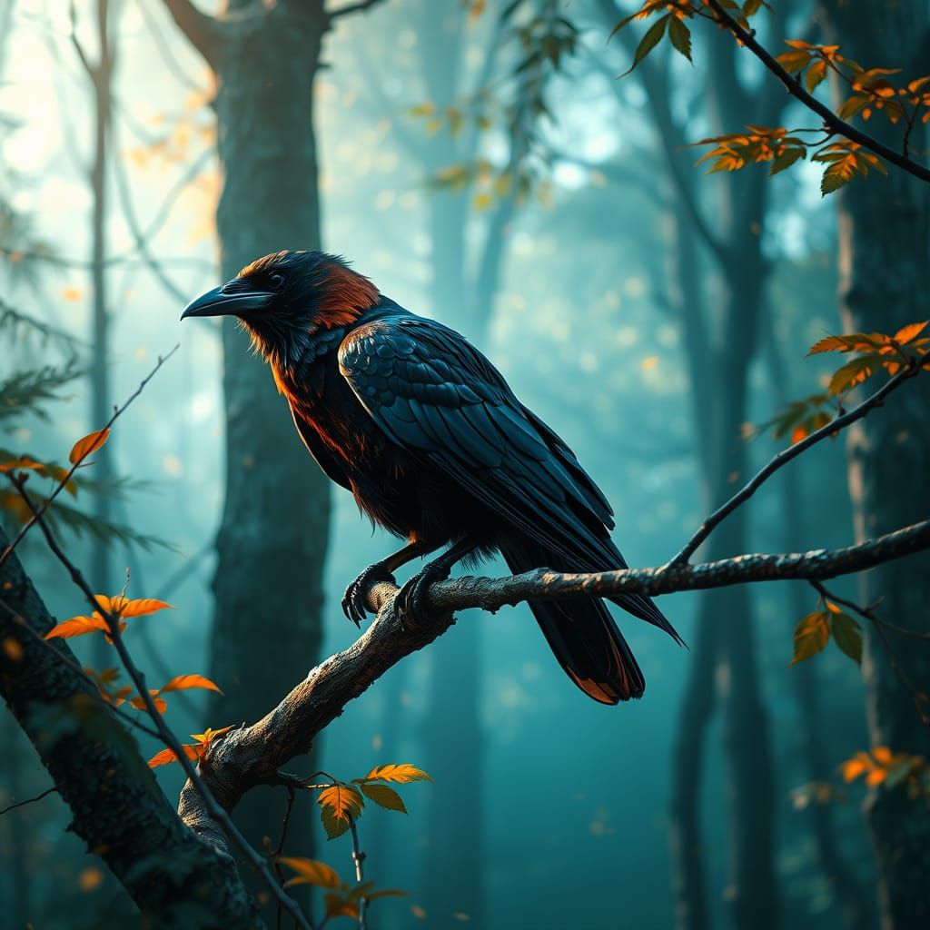 Raven on Branch in Forest Concept Art