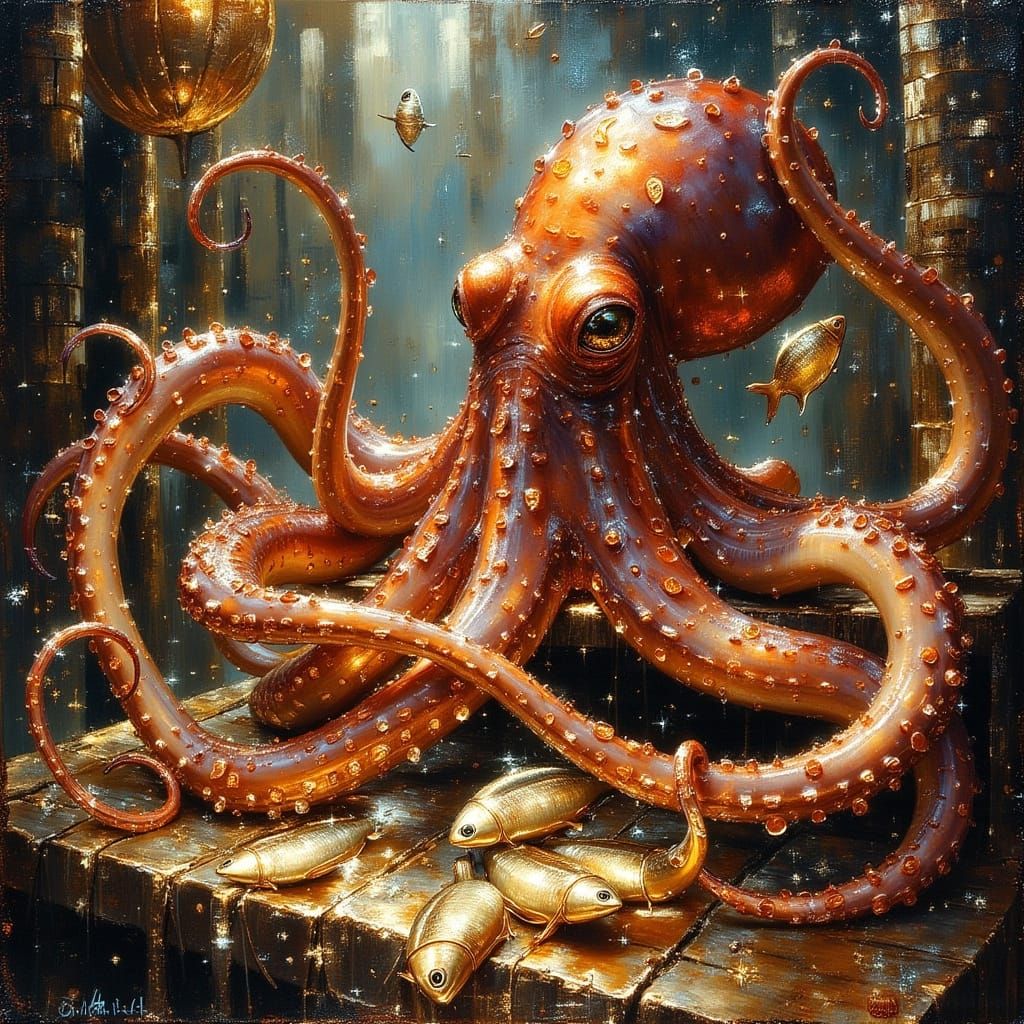 Giant Octopus Overflows Bustling Fish Market in Oil Painting...