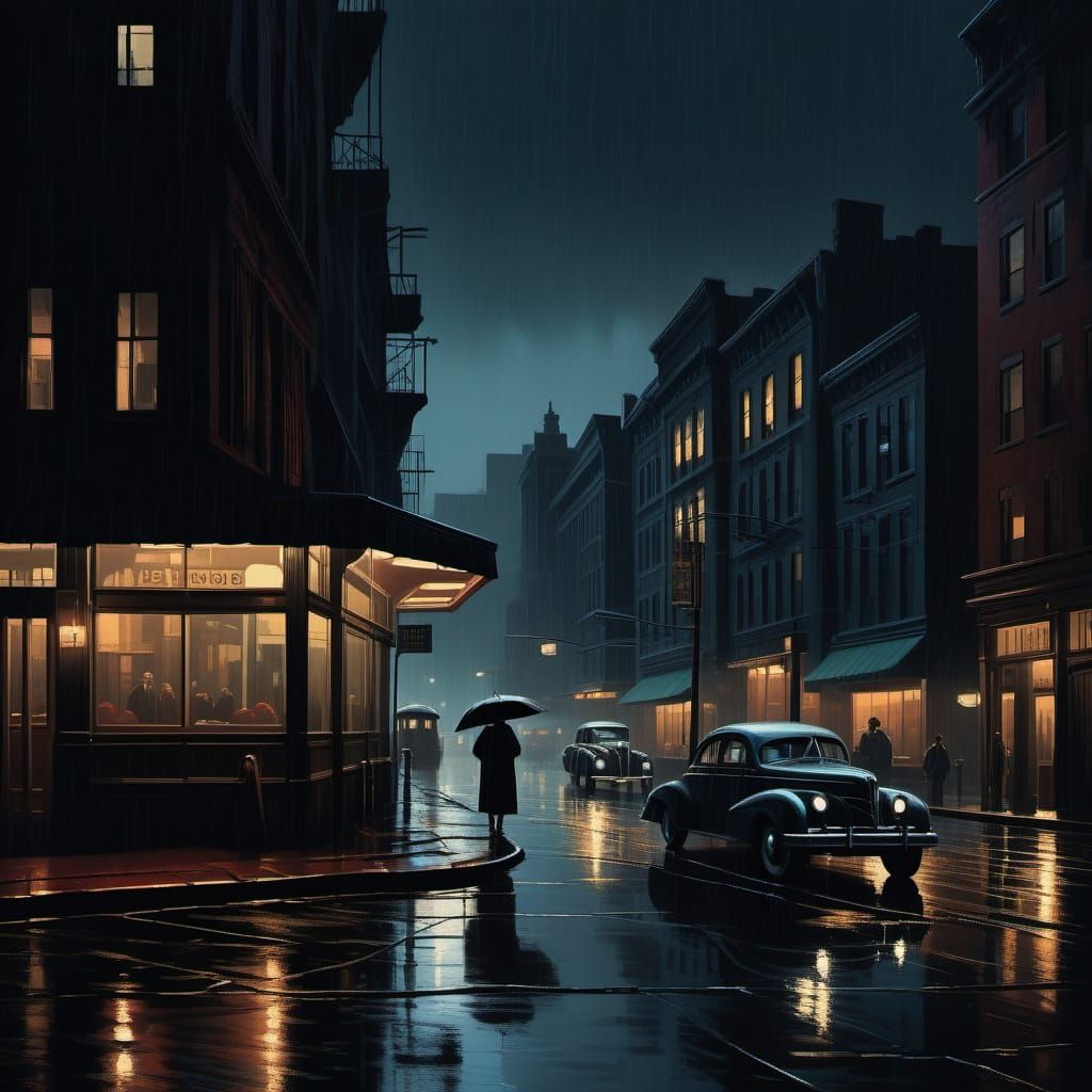 Film Noir Cityscape: Rainy Nocturnal Metropolis with Cinemat...