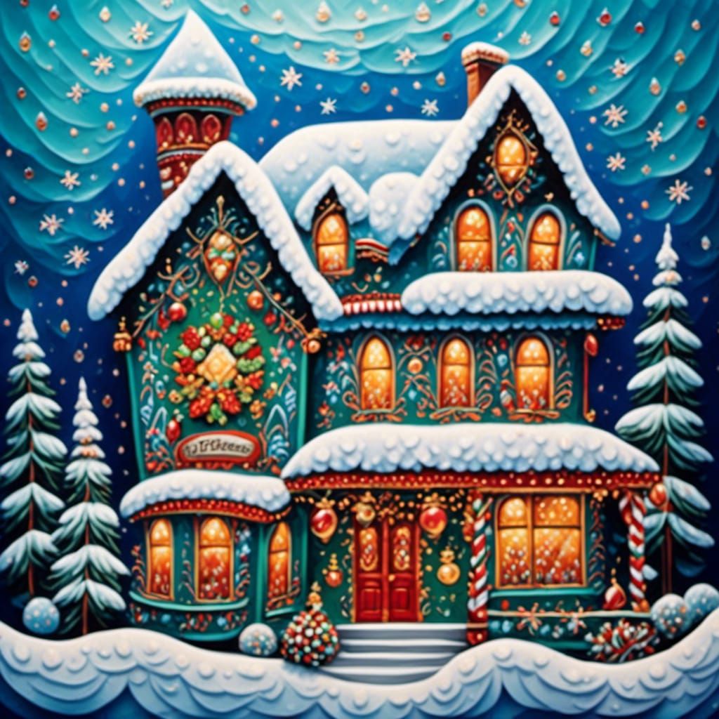 Folk Art Christmas House with Winter Ornaments