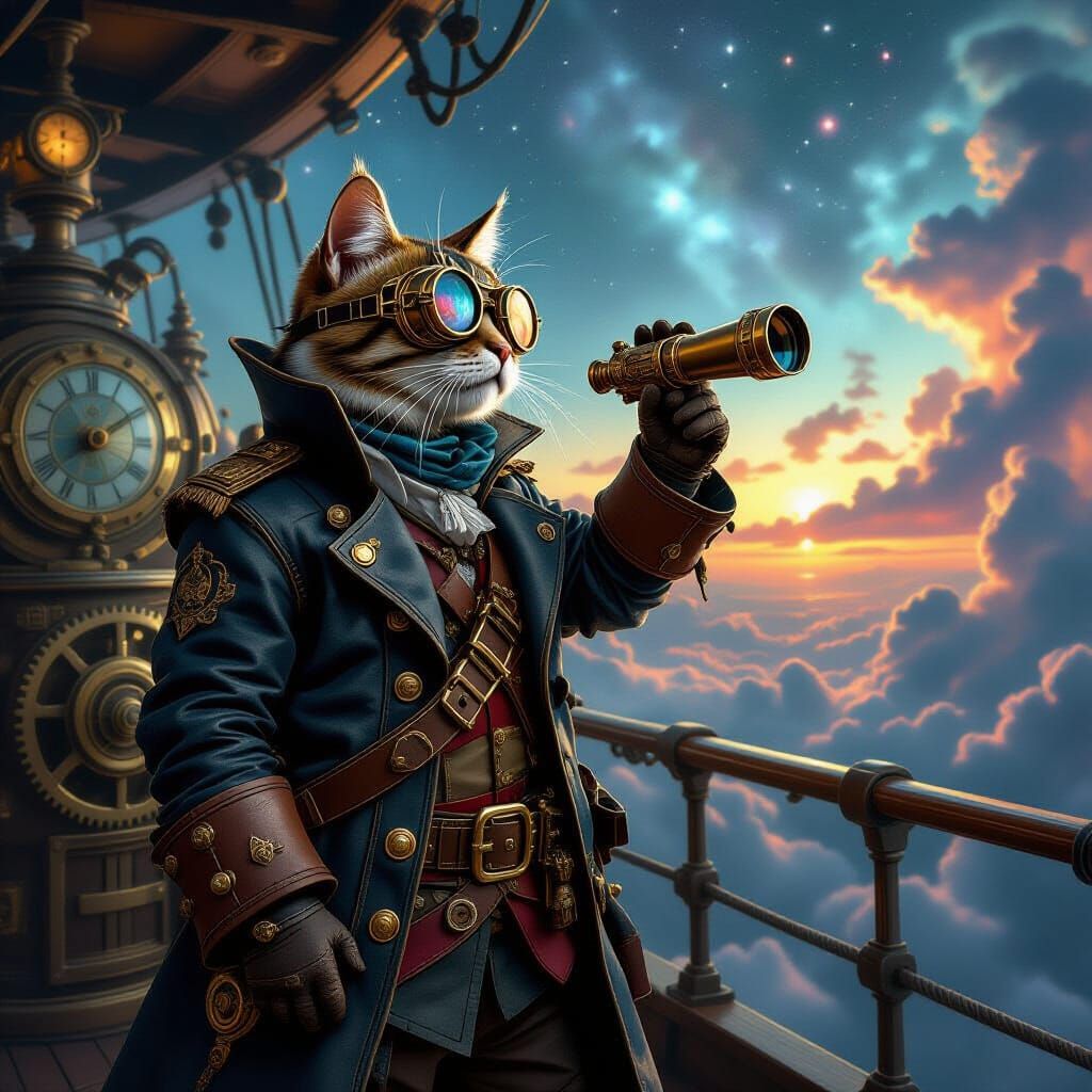 Steampunk Pirate Cat on Airship Deck Overlooking Nebula