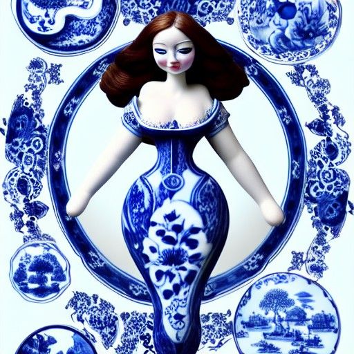 Blue and White Porcelain Woman: Hyperrealistic Digital Art
