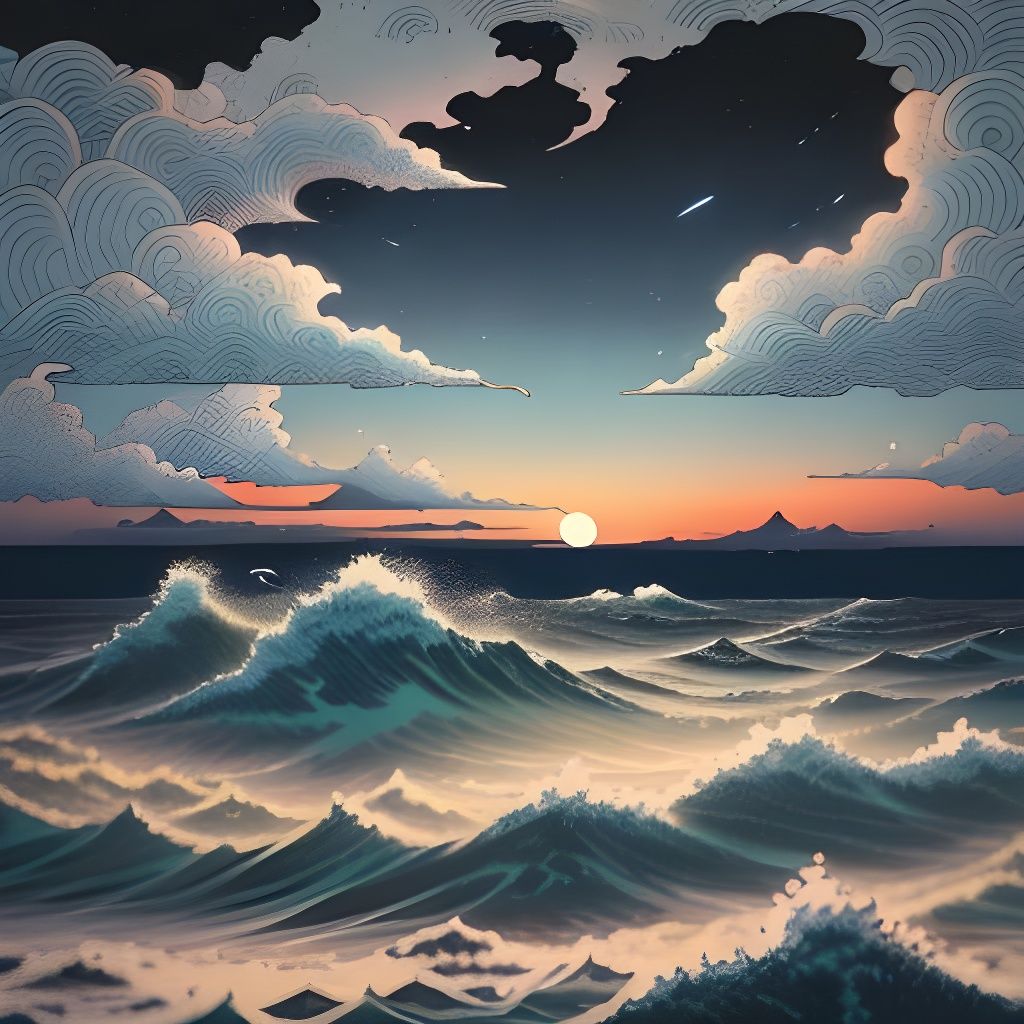 Moonlit Clouds Reflect on Ocean in Ukiyo-e Style