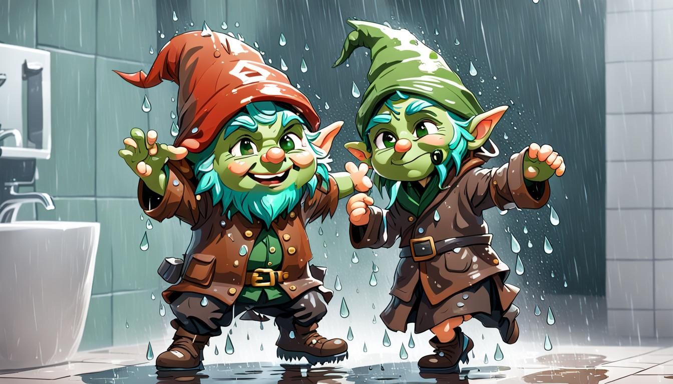 Gnome Dancing in the Rain at Bathroom