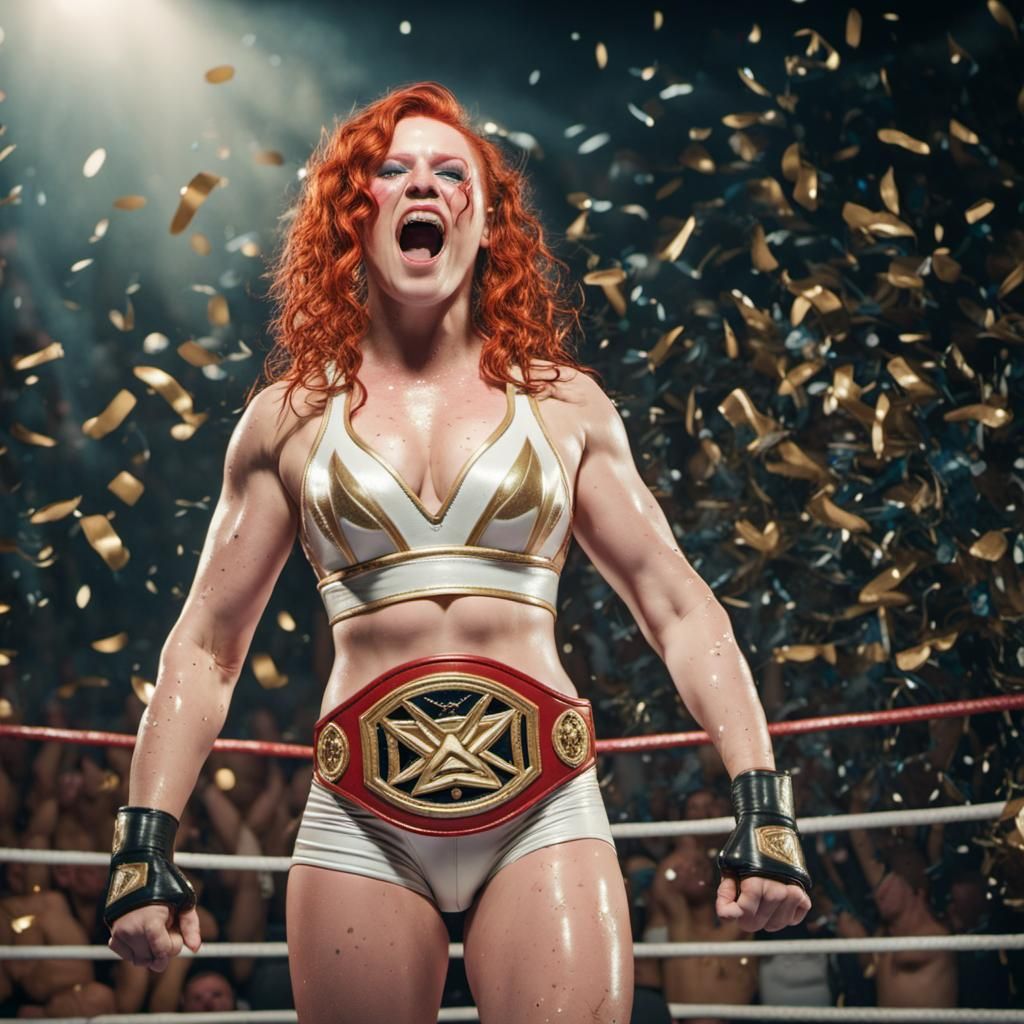 Redhead Wrestler Celebrates Championship Win in Ring