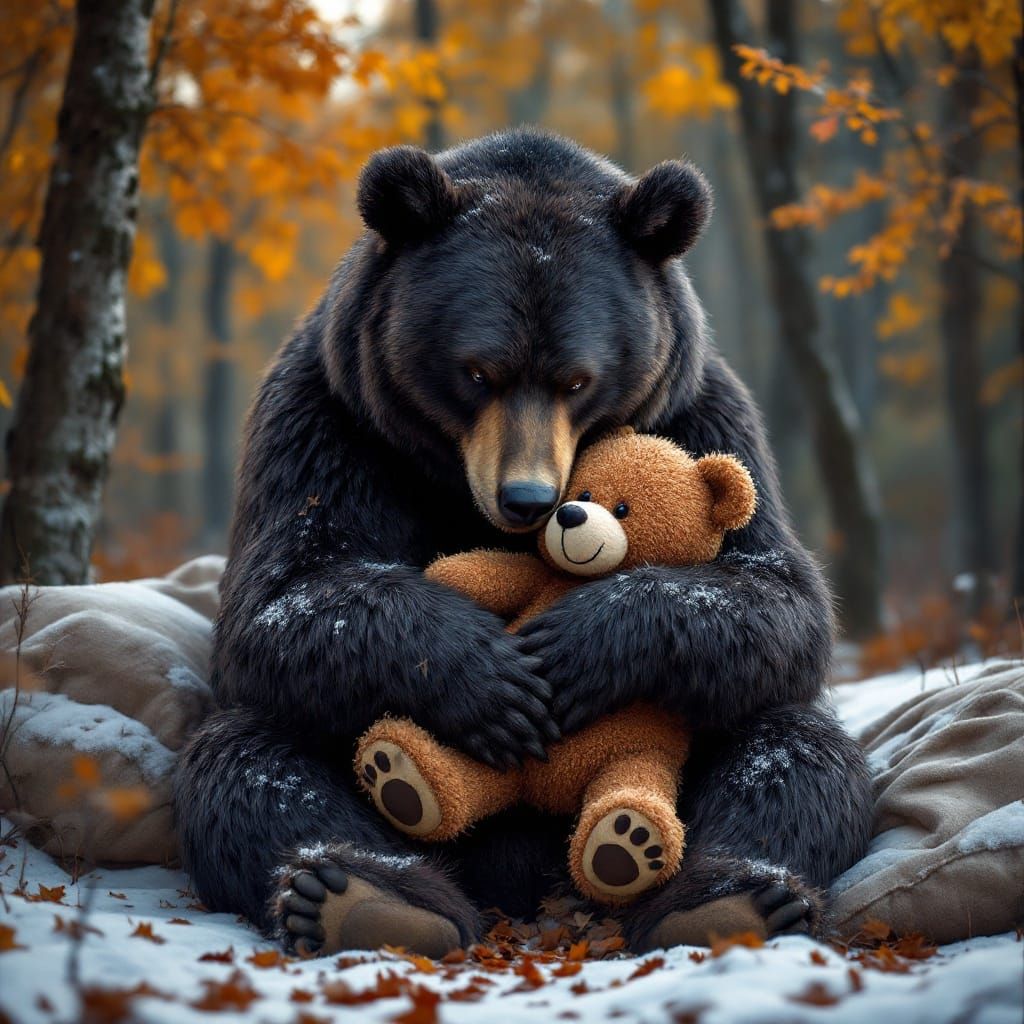Grizzly Bear Cuddles Teddy Bear in Autumn Forest