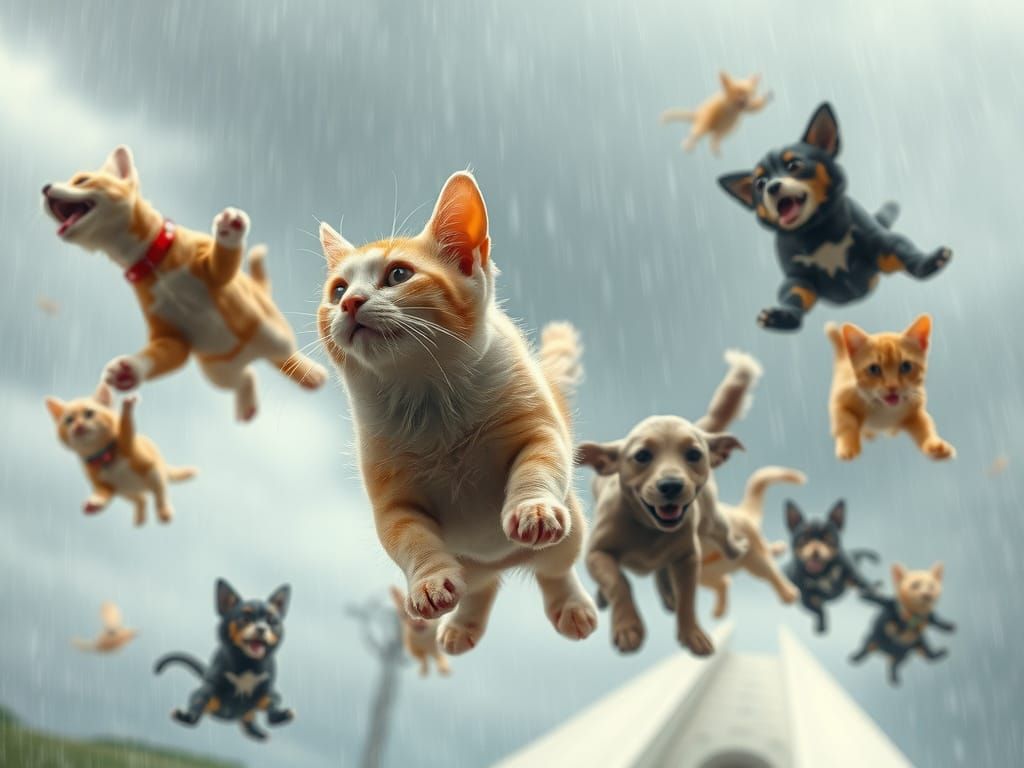 Cats and Dogs Falling from the Sky in a Stormy Weather Scene