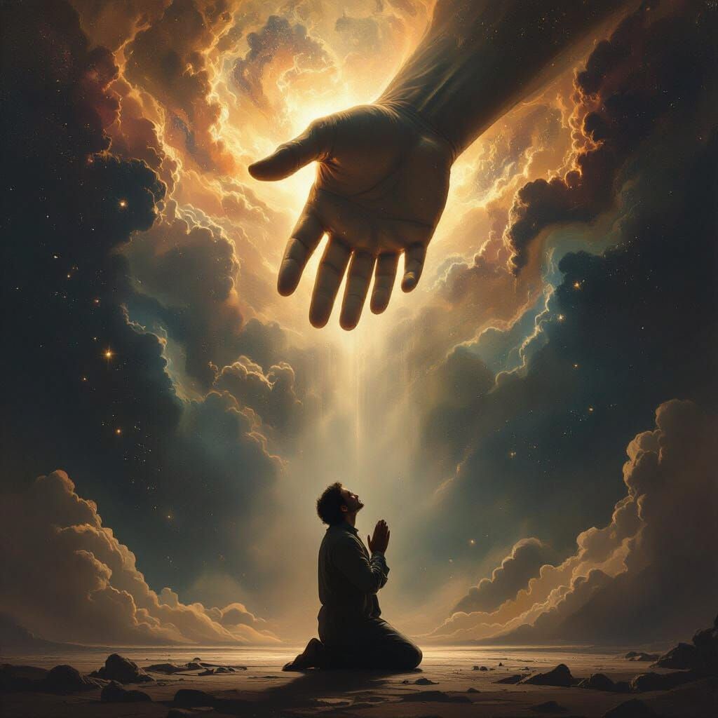 Person Praying Under Giant Celestial Hand in Dramatic Style