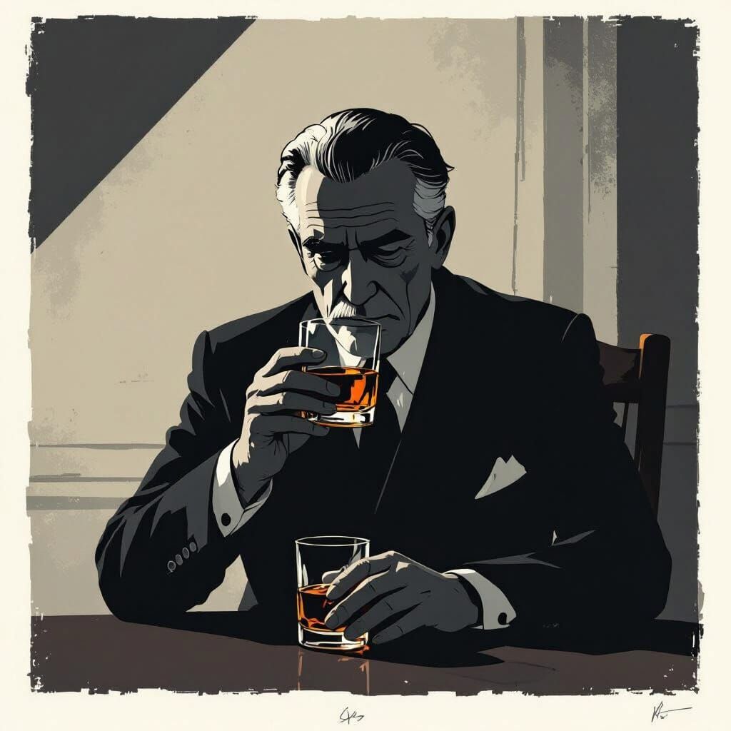 Shadowy Old Man in Vintage Suit Drinking Scotch