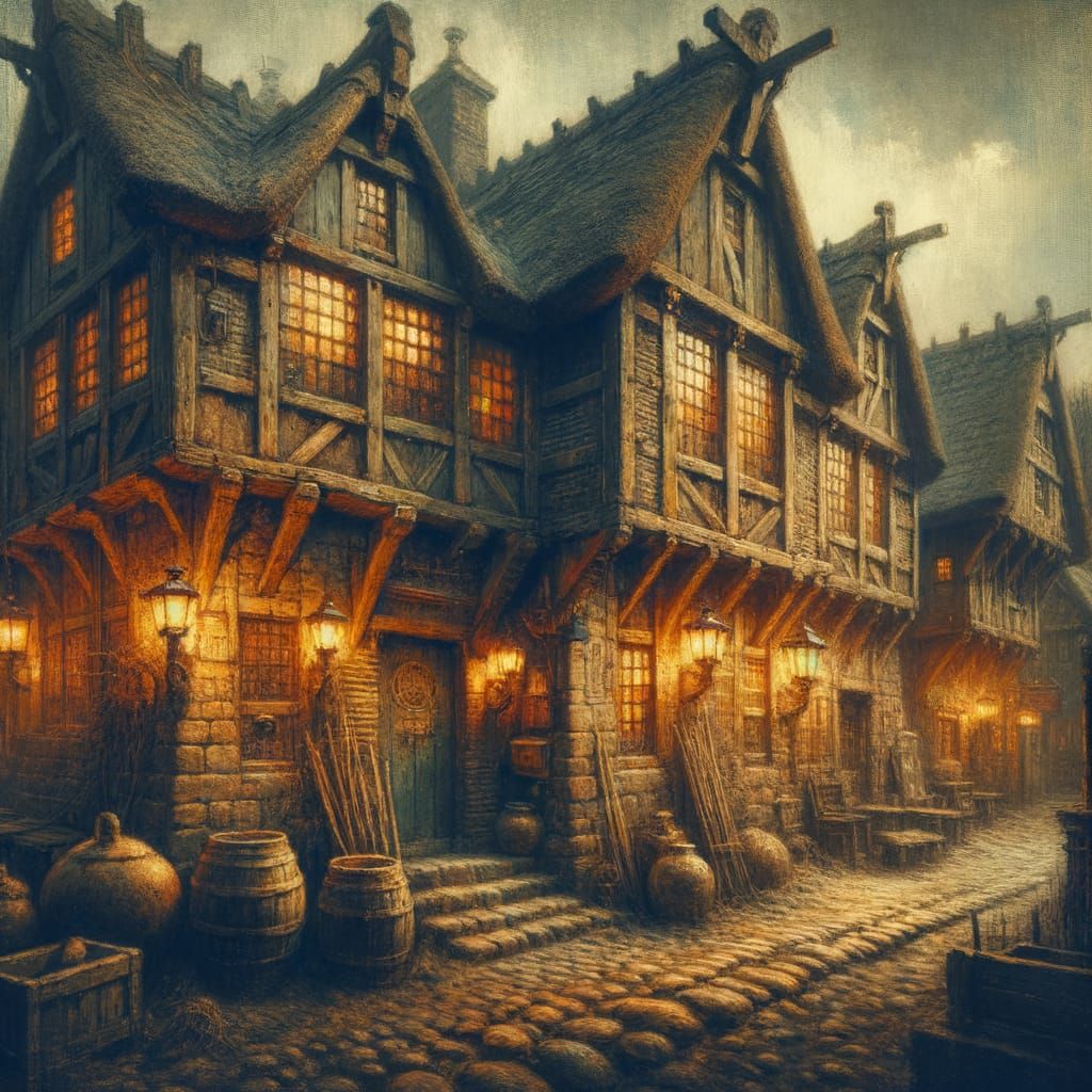 An antiquated, weather-beaten inn stands resiliently against the passage of time.