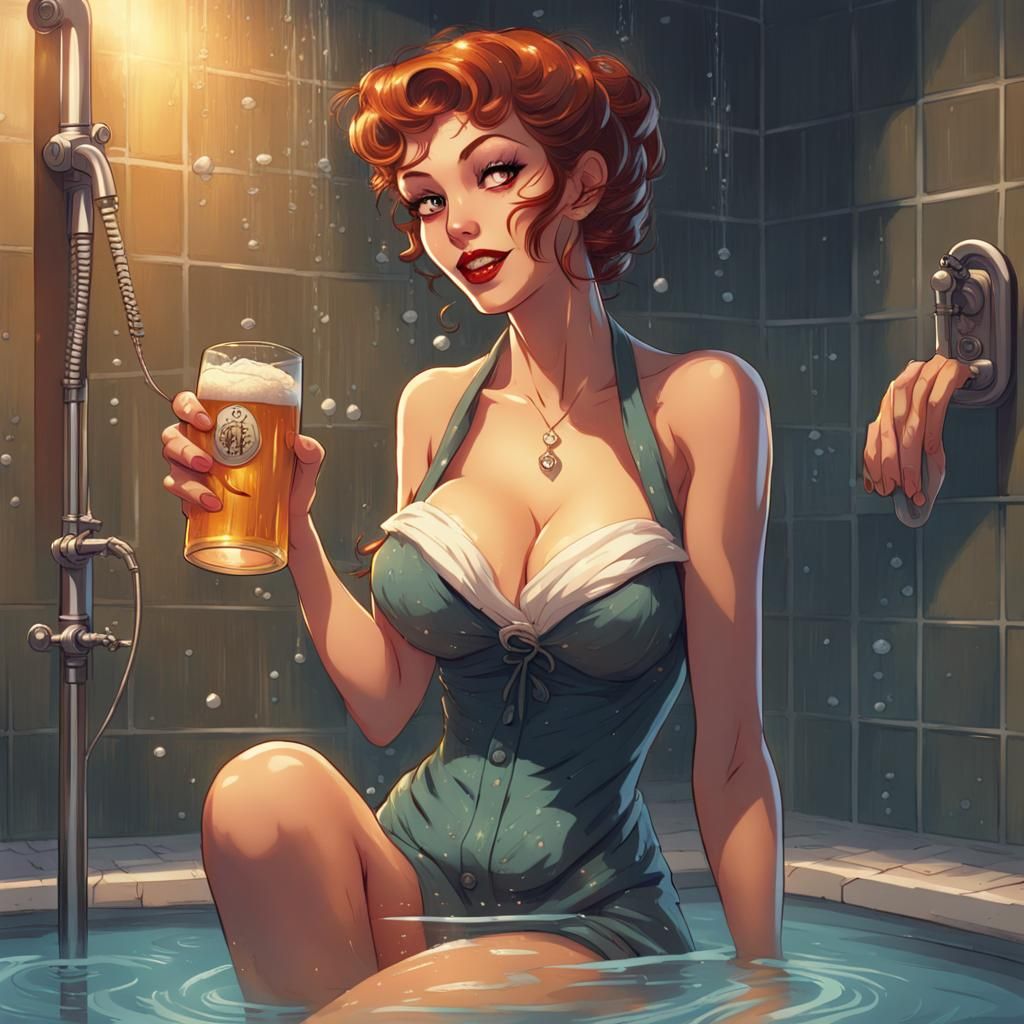 Housewife Pinup Shower Scene in Dreamlike Style