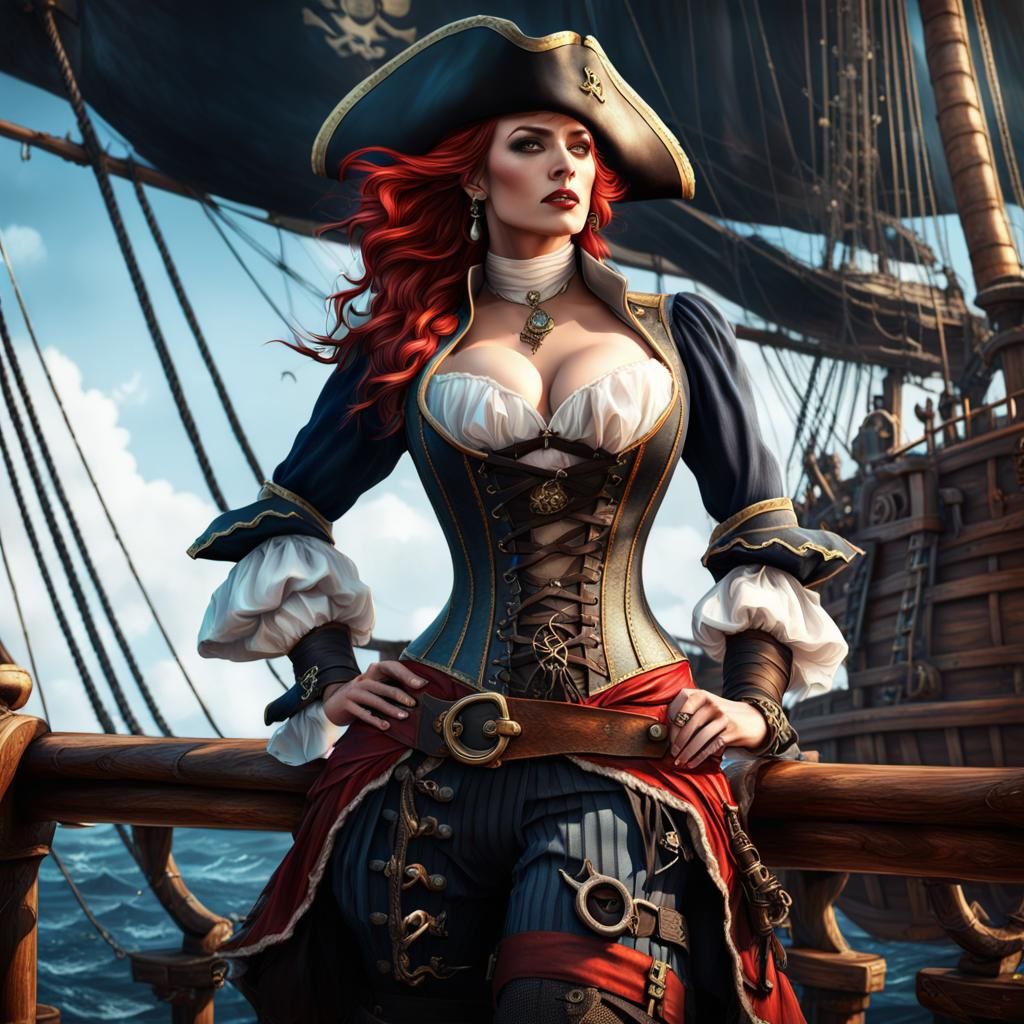 Fierce Pirate Captain on Deck in Detailed Painting